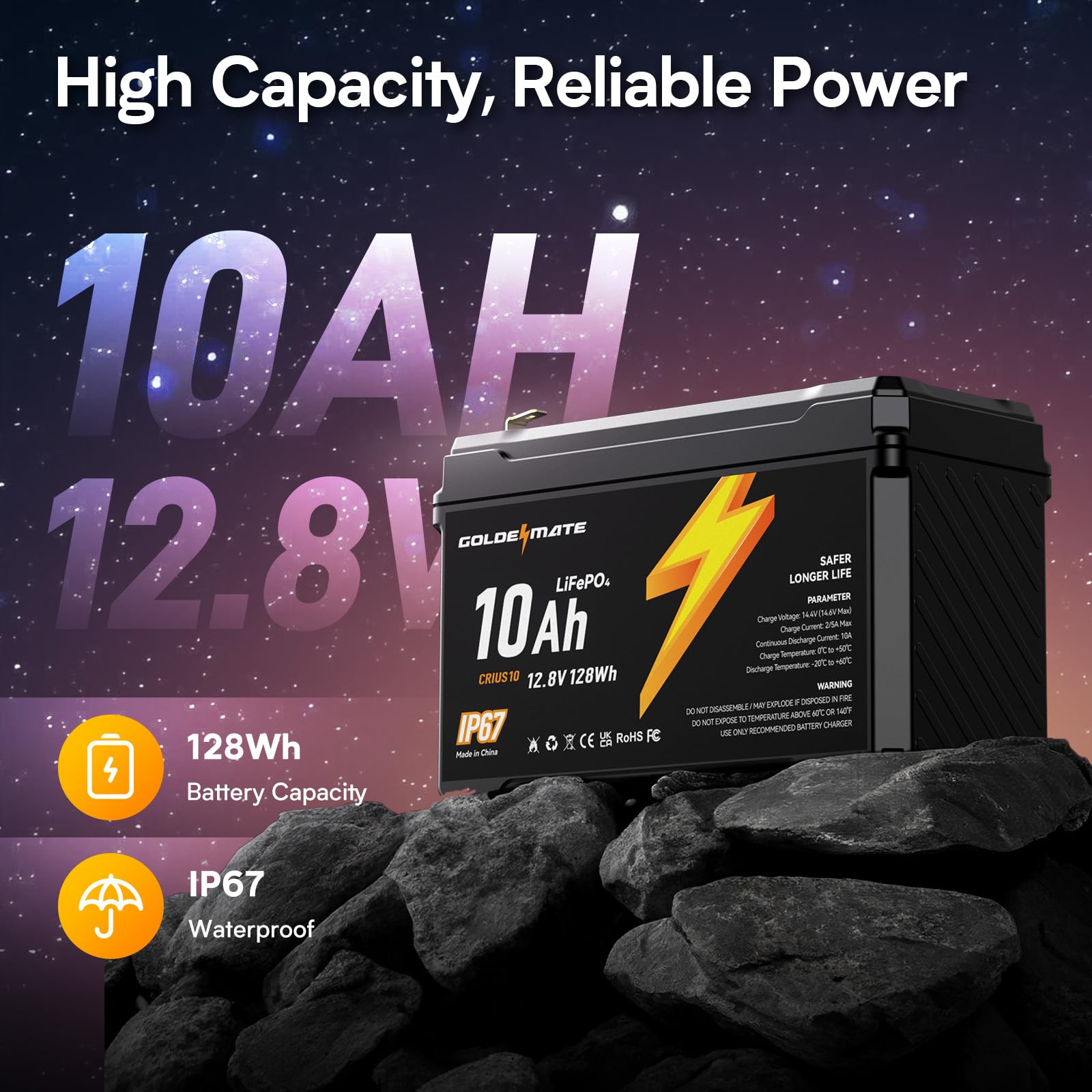 Goldenmate 12V 10Ah Lifepo4 Lithium Battery(2 Packs), 5000+ Deep Cycles, Ip67 Waterproof Lithium Iron Phosphate Battery, Built I